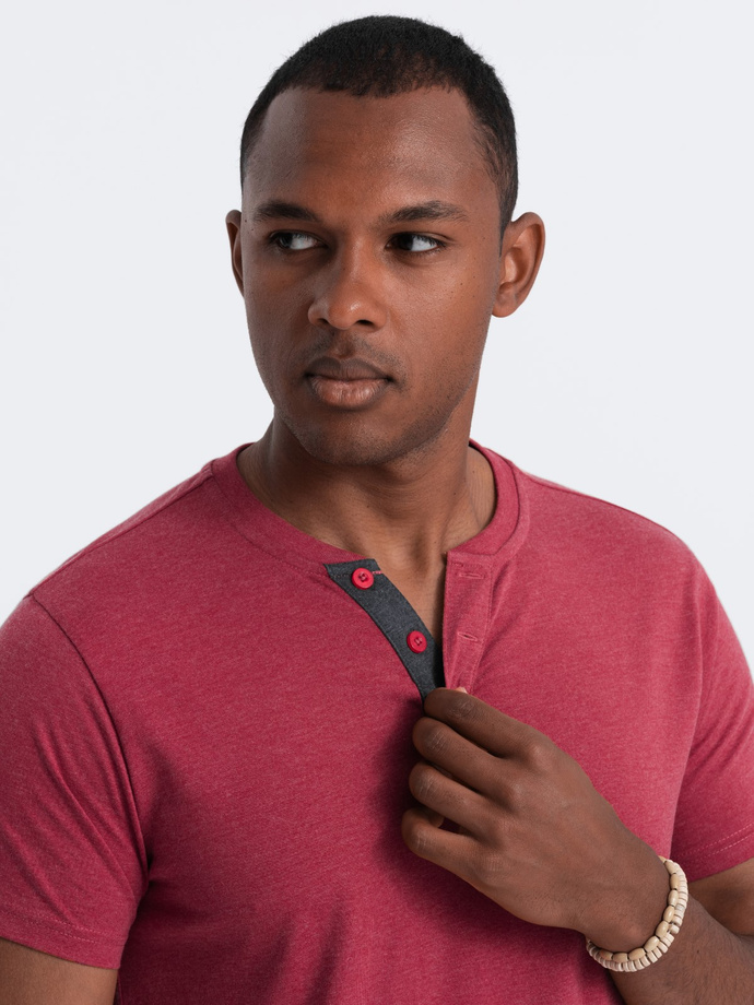 Men's T-shirt with round henley neckline - red V1 OM-TSCT-0155