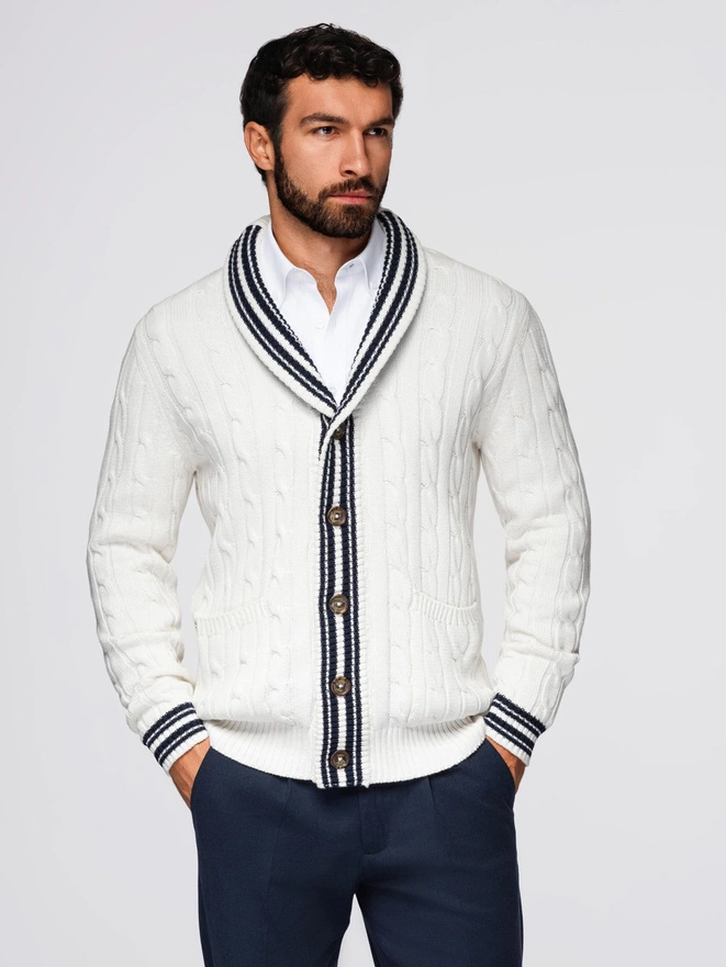 Sweter męski kardigan z szalowym kołnierzem w stylu preppy - biały V1 OM-SWCD-0152