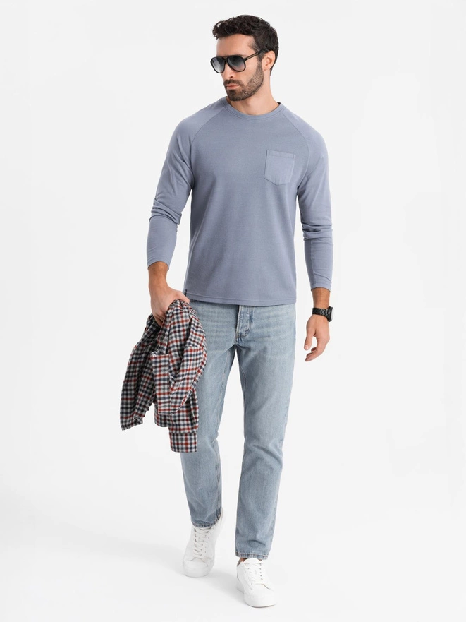Longsleeve męski bawełniany o waflowym splocie z kieszonką – niebieski denim V8 OM-LSCL-0109