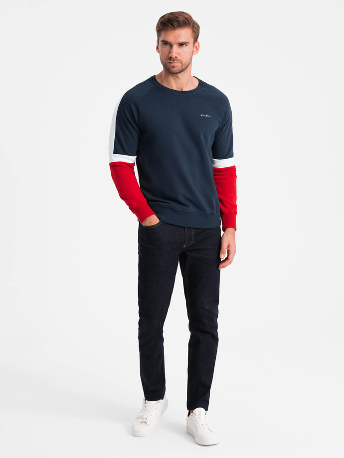 Tri-color men's sweatshirt with raglan sleeves - navy blue V2 OM-SSNZ-22FW-003