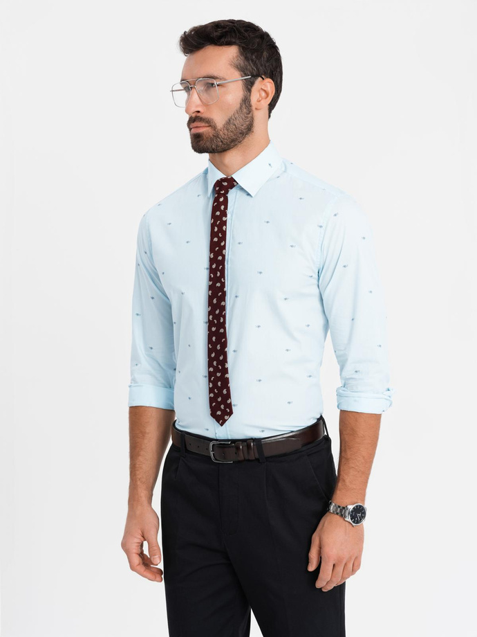 Klasyczna męska bawełniana koszula SLIM FIT w rybki - błękitna V4 OM-SHCS-0156