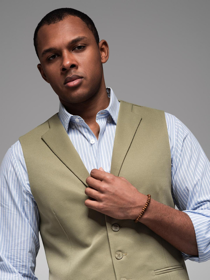 Fitted men's structured knit vest with lapels - olive V1 OM-BLZV-0144