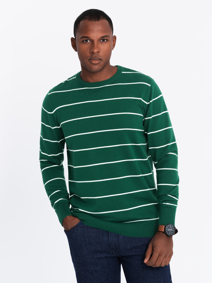 Men's casual sweater with horizontal stripes - green V4 OM-SWSW-0143