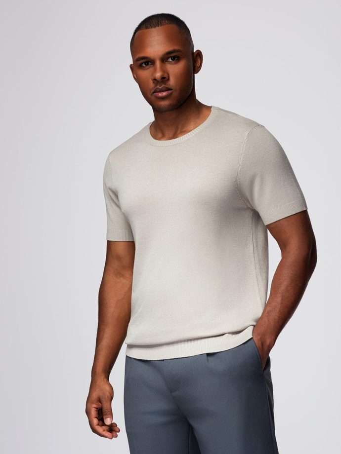 Classic knitted men's shirt with ribbed cuffs - light grey V3 OM-TSCT-0252