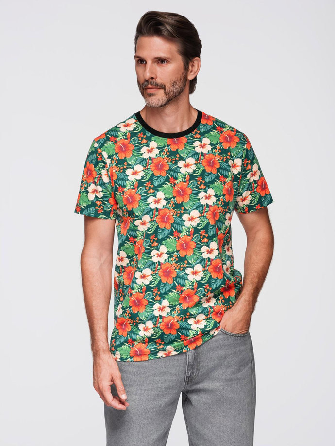 Men's full print floral pattern cotton t-shirt - black V2 OM-TSFP-0249