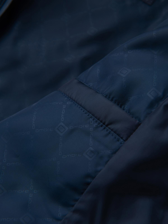 Quilted bomber jacket with hood and knitted sleeves - navy blue V2 OM-JALP-0298