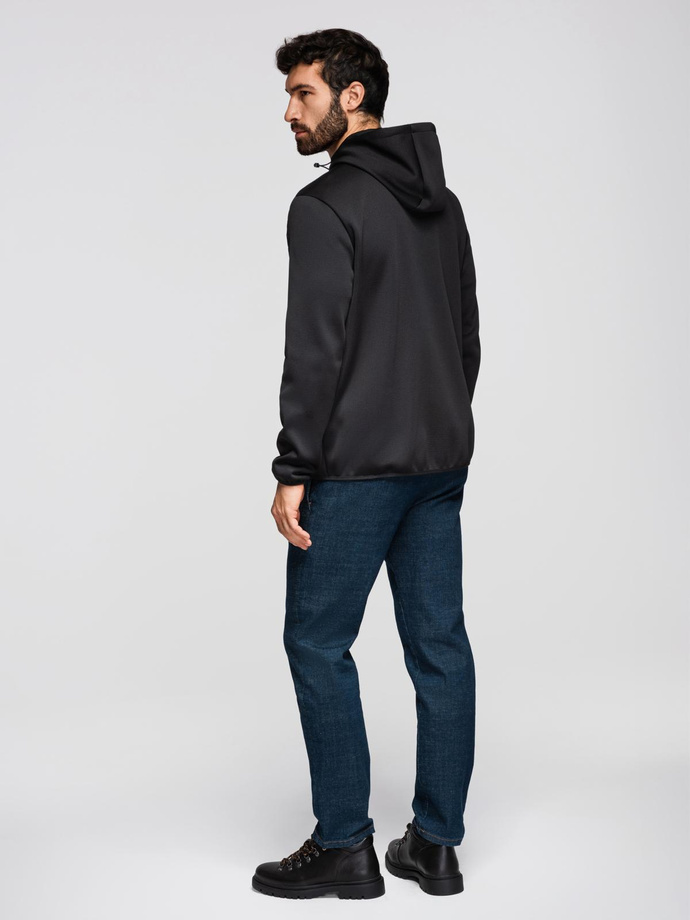 Men's lightweight jacket of combined materials with hood and decorative quilting - black V5 OM-JANP-0160