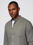 Men's linen shirt with stand-up collar and pocket REGULAR FIT - khaki V6 OM-SHCS-0161