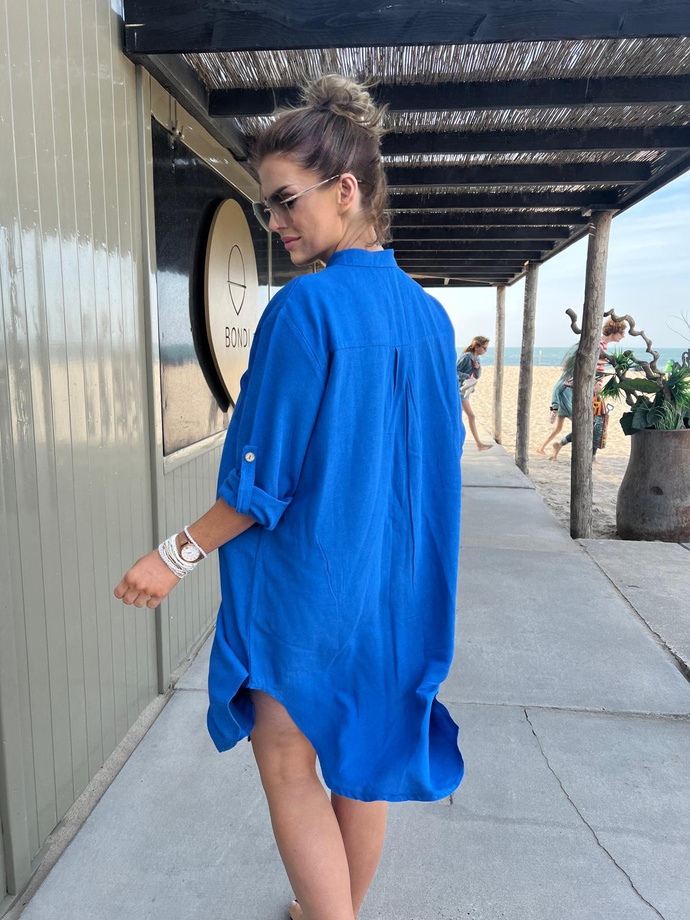 Linen, shirt dress with stand-up collar - DLR112 blue