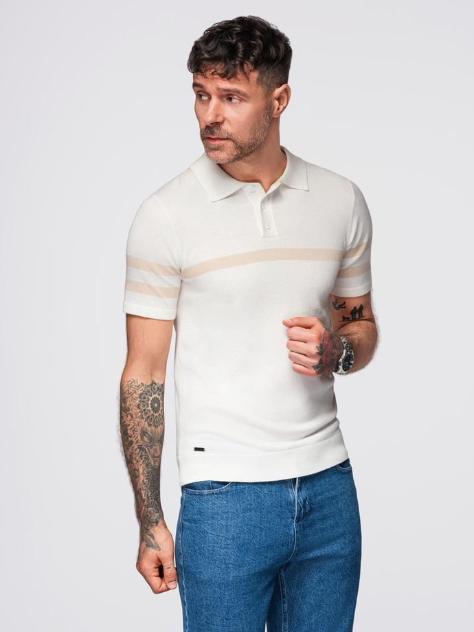 Męska koszulka polo z miękkiej dzianiny z kontrastowymi pasami - kremowa V3 OM-POSS-0118
