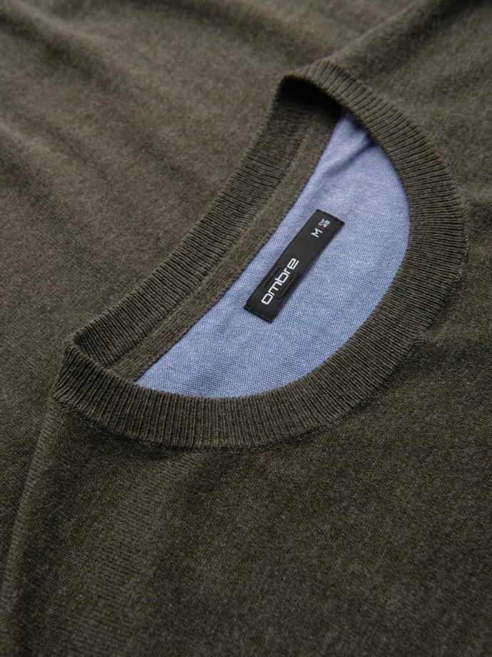 Men's BASIC viscose classic sweater with round neckline - olive melange V17 OM-SWBS-0106