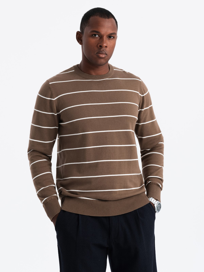 Men's casual sweater with horizontal stripes - brown V3 OM-SWSW-0143