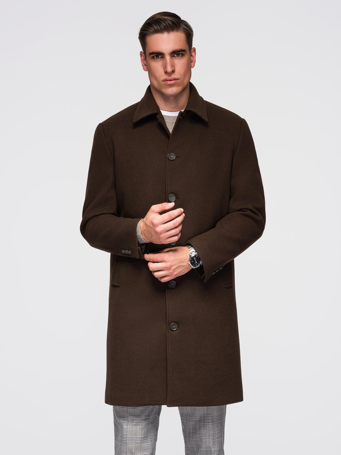 Single-breasted men's long coat with collar and bolster - brown V4 OM-COWC-0135