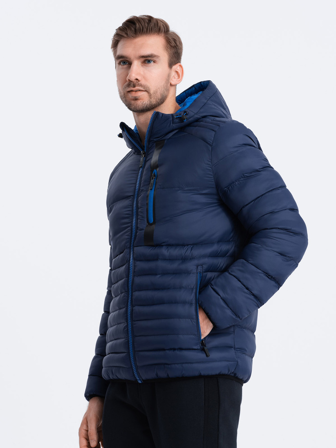 Men's quilted jacket with hood - navy blue V1 OM-JALP-0120