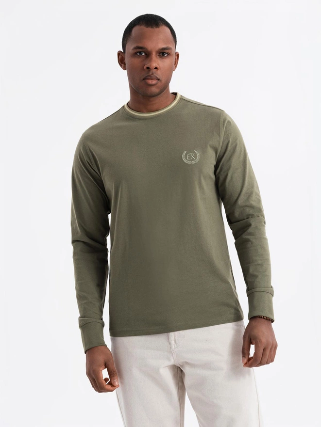 Men's cotton longsleeve with U neckline with stripes and embroidery - olive V1 OM-LSCL-0128