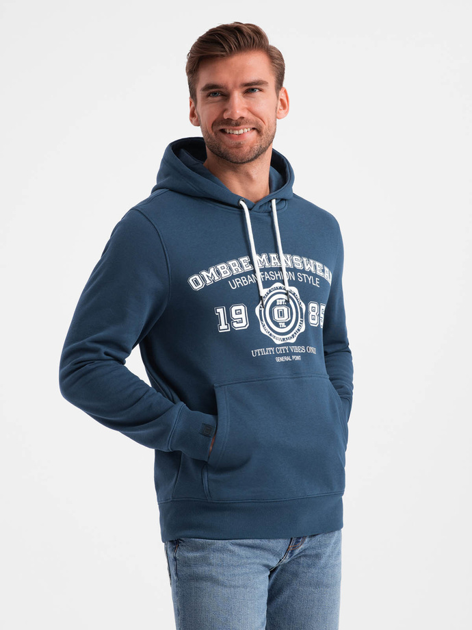 Men's kangaroo hoodie with college style print - navy blue V2 OM-SSPS-0143