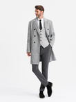 Elegant double-breasted men's herringbone coat - grey V1 OM-COWC-0118