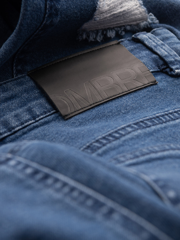 Washowane spodnie męskie jeansowe TAPERED FIT z przetarciami – niebieskie V2 OM-PADP-0163