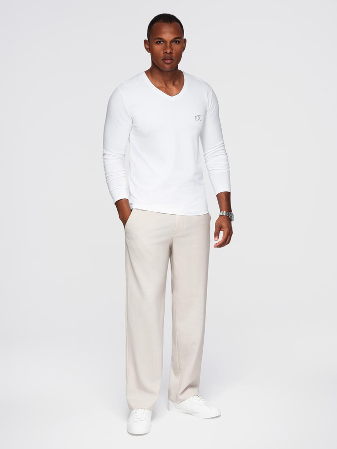 Men's V-neck SLIM FIT longsleeve with elastane and print - white V2 OM-LSBC-0123