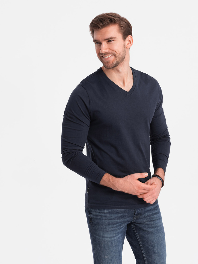 Men's unprinted longsleeve with v-neck - navy blue V5 OM-LSBL-0108