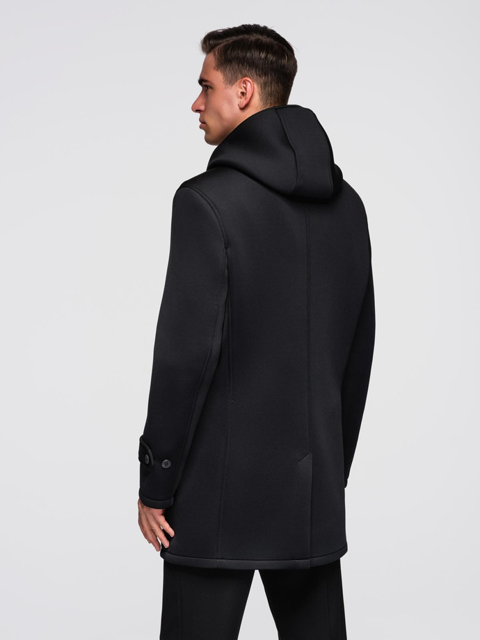 Męski minimalistyczny płaszcz średniej długości z kapturem - czarny V4 OM-COLC-0144