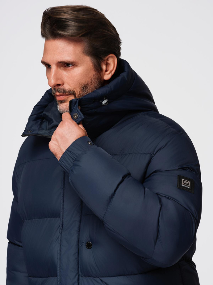Men's quilted jacket with high zipped hood - navy blue V2 OM-JAHP-0238