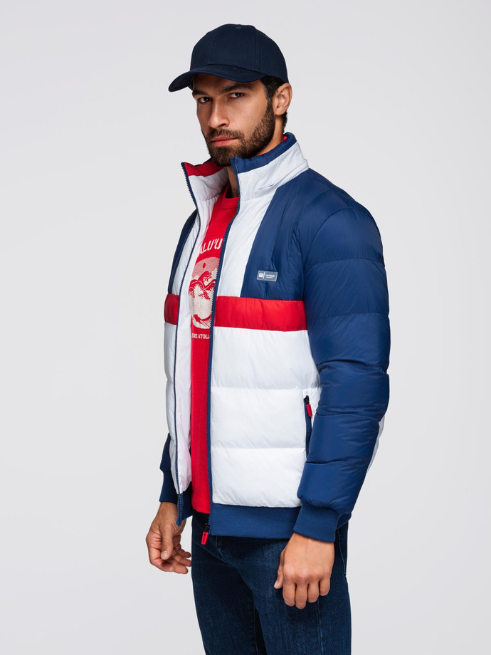 Kolorowa sportowa męska  kurtka w stylu retro – niebiesko-biała V1 OM-JALP-0296