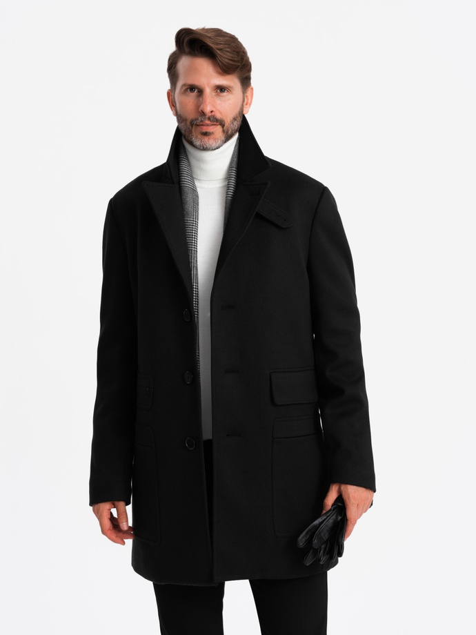 Men's single-breasted patterned coat with pockets - black V2 OM-COWC-0108