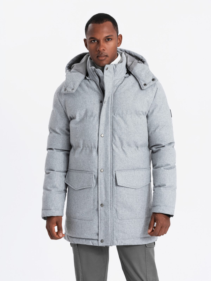 Warm men's long parka jacket with wool - light grey melange V3 OM-JALJ-0217