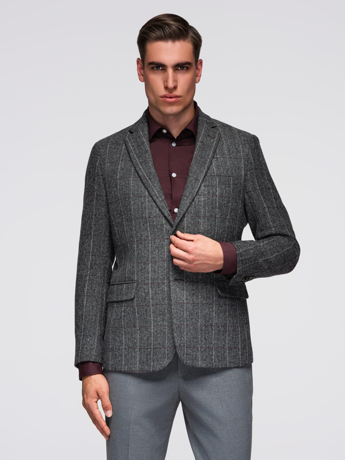 Elegant men's plaid blazer with wool blend - grey V1 OM-BLZB-0137