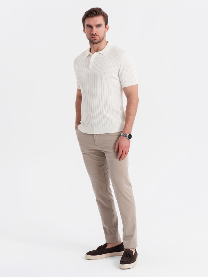 Męska koszulka polo z wiskozą SLIM FIT w pionowy prążek – złamana biel V3 OM-POSS-0143
