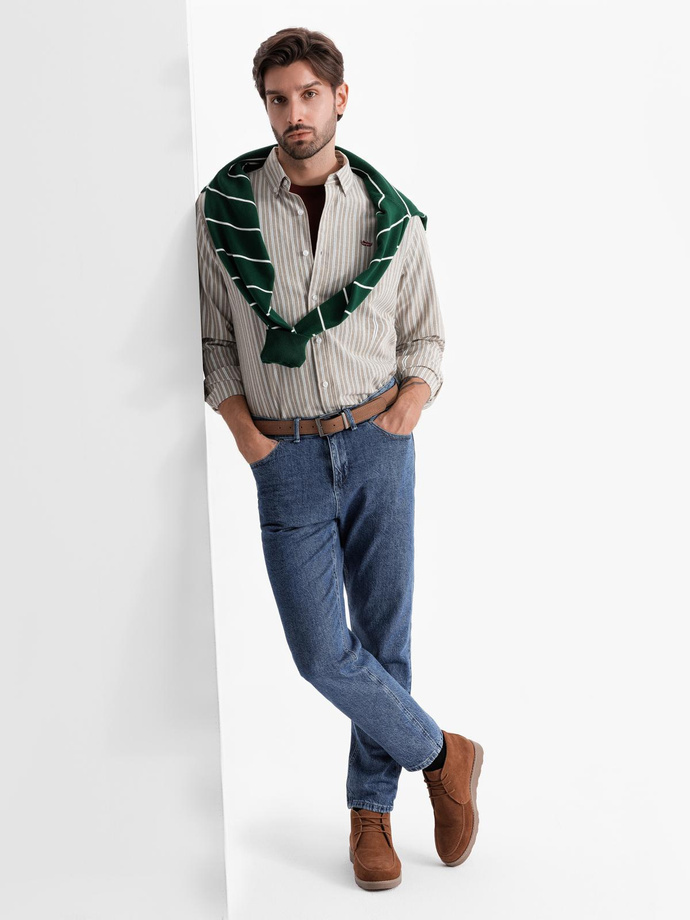 Men's cotton REGULAR FIT shirt with fine stripes - beige V1 OM-SHOS-0170