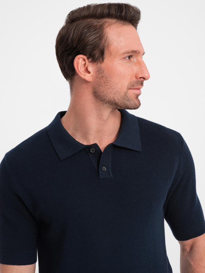 Men's cotton structured knit polo shirt - navy blue V2 OM-POSS-0117