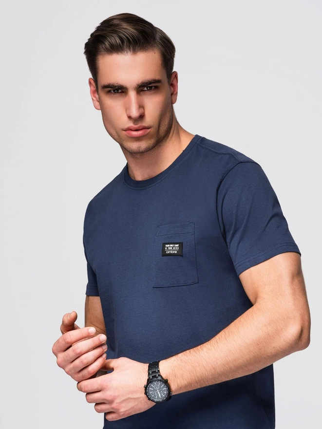 Men's casual t-shirt with pocket patch - navy blue V10 OM-TSCT-0109