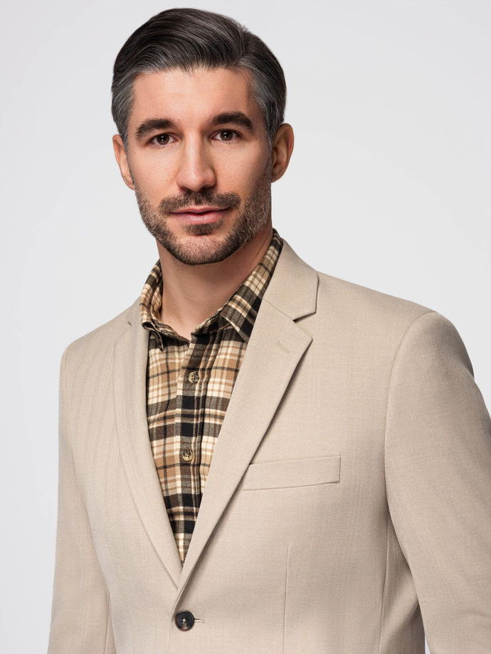 Elegancka męska marynarka SLIM FIT z rayonem – beżowa V2 OM-BLZB-0135