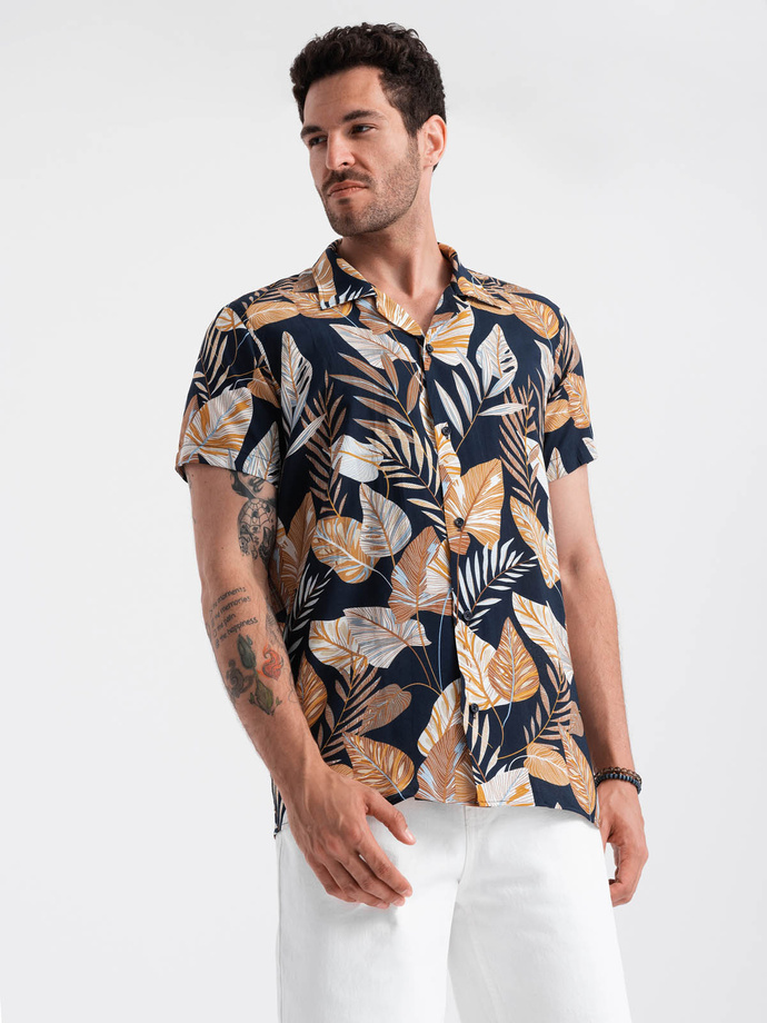 Viscose patterned men's short sleeve shirt - leaves V14 OM-SHPS-0113