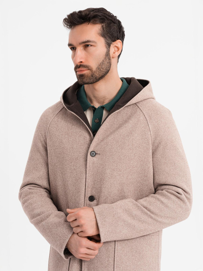 Melange long men's hooded coat - beige V2 OM-COWC-0122