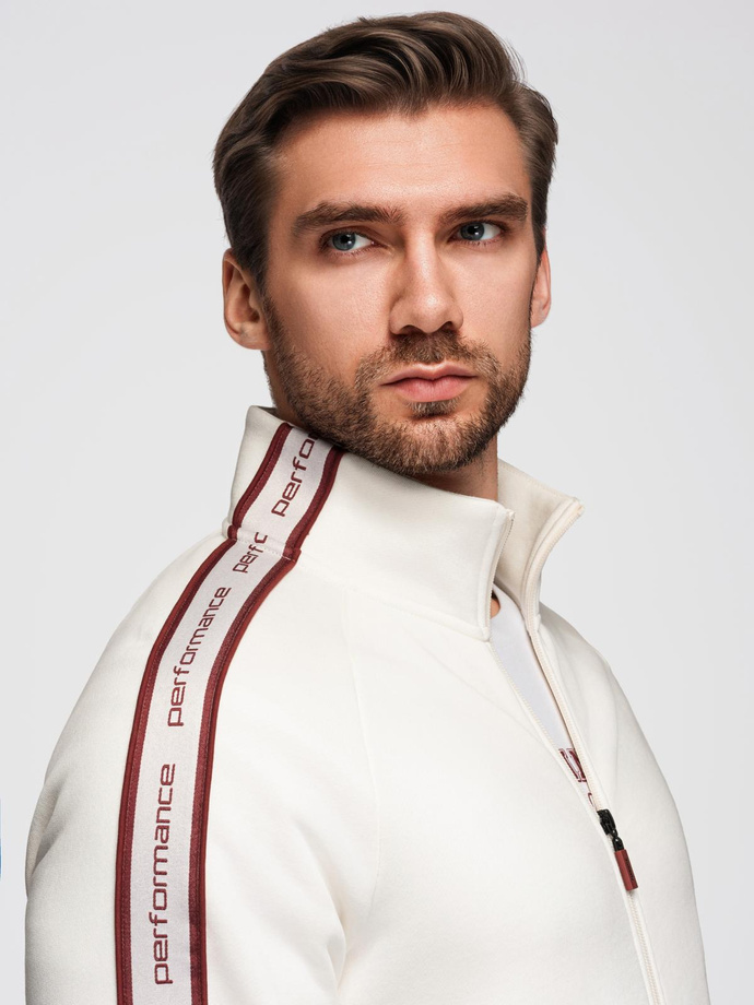 Men's unbuttoned sweatshirt with piping and high collar - cream V2 OM-SSZP-0224