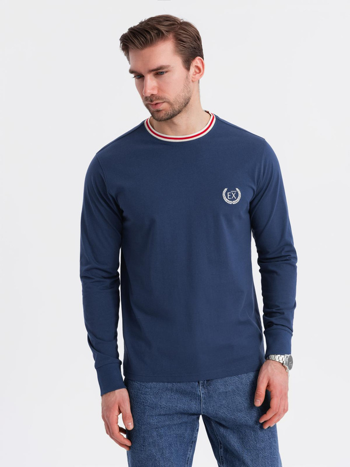 Men's cotton longsleeve with striped U neckline and embroidery - dark blue V3 OM-LSCL-0128
