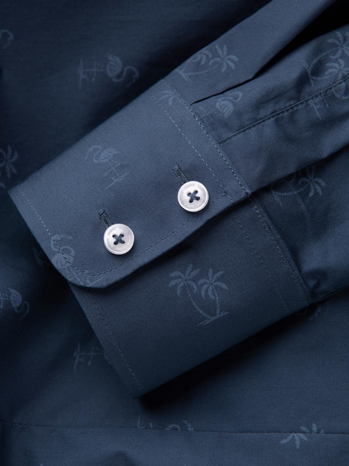 Klasyczna męska bawełniana koszula SLIM FIT w palmy - ciemnoniebieska V5 OM-SHCS-0156
