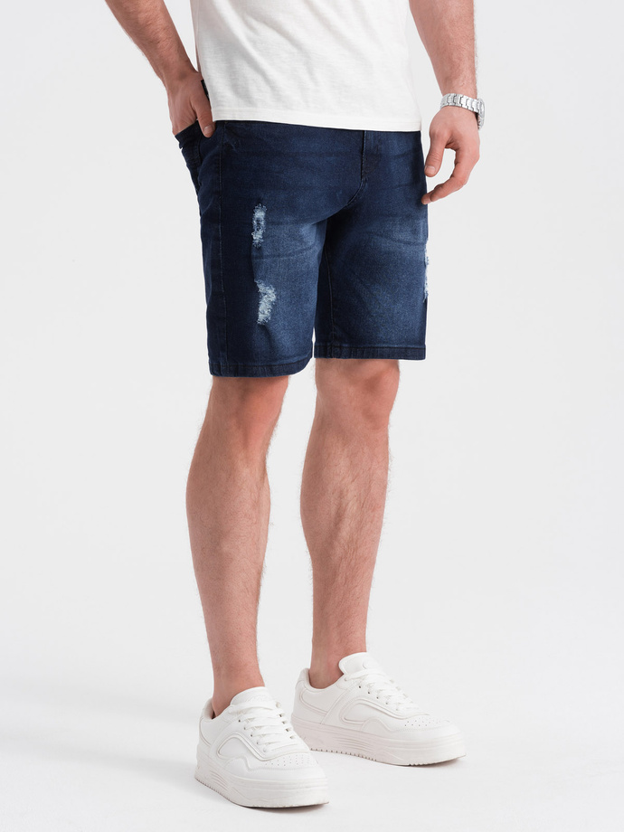 Men's denim short shorts with holes - dark blue V3 OM-SRDS-0146