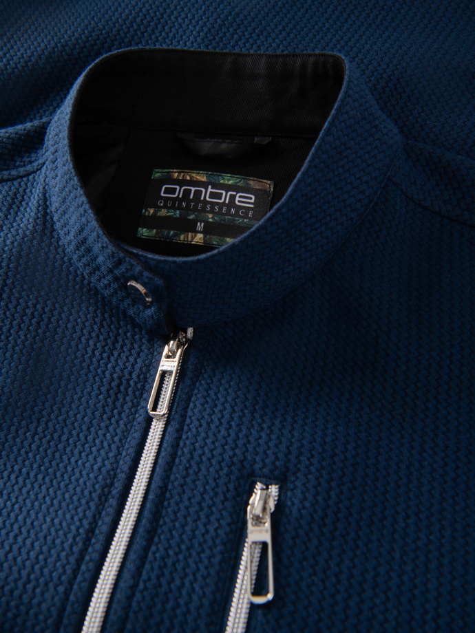 Strukturalna kurtka biker męska ze stójką  – ciemnoniebieska V1 OM-JANP-0229