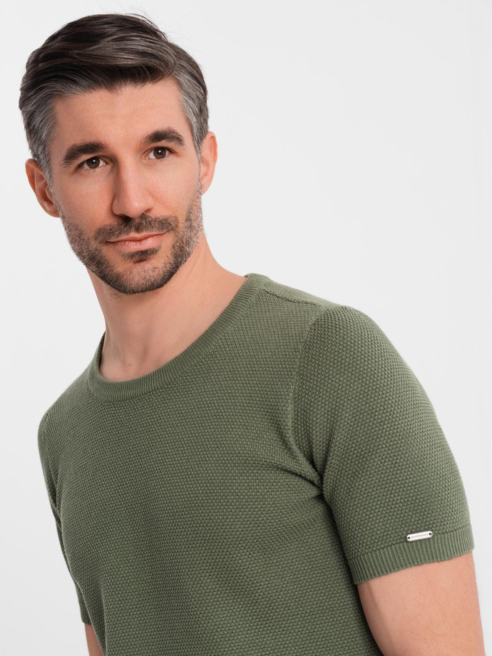 Men's knitted t-shirt with fine texture - olive V5 OM-TSCT-0244