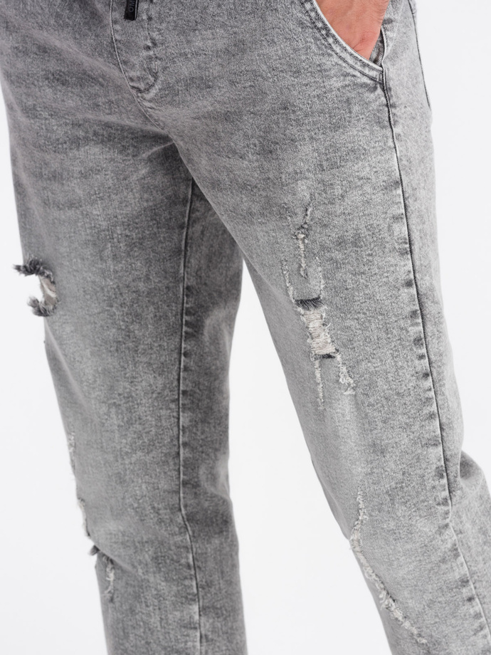Men's JOGGERS denim pants with rubbing - light grey V4 OM-PADJ-0150