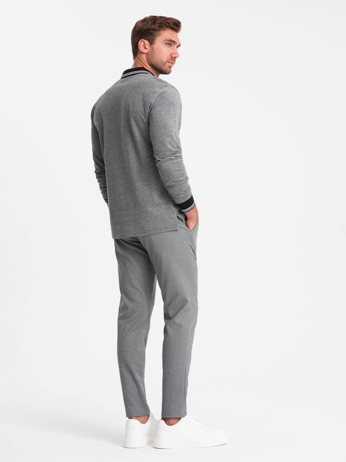 Melanżowy męski longsleeve polo z haftem – czarny melanż V1 OM-POLS-0129