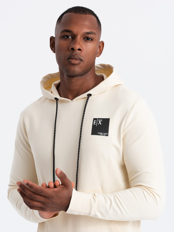 Men's kangaroo sweatshirt with hood and logo - cream V2 OM-SSNZ-0162