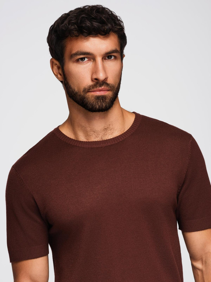 Men's classic knitted shirt with ribbed cuffs - warm brown V4 OM-TSCT-0252