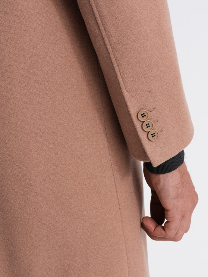 Single-breasted men's long coat with collar and bolster - brown V2 OM-COWC-0106
