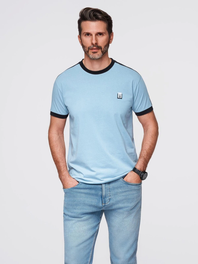 Men's t-shirt with contrasting stripes - light blue V3 OM-TSCT-0115