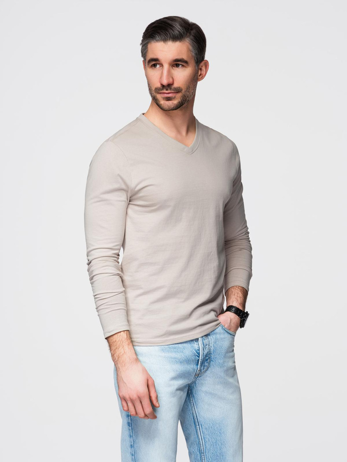 Men's unprinted longsleeve with v-neck - light beige V1 OM-LSBL-0108
